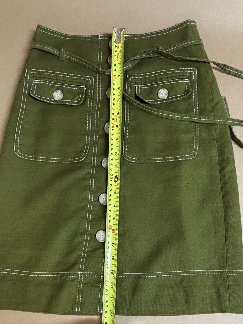 🦒 J. Crew Olive Green Button-Front A-Line Skirt with Waist Tie - Picture 5 of 9